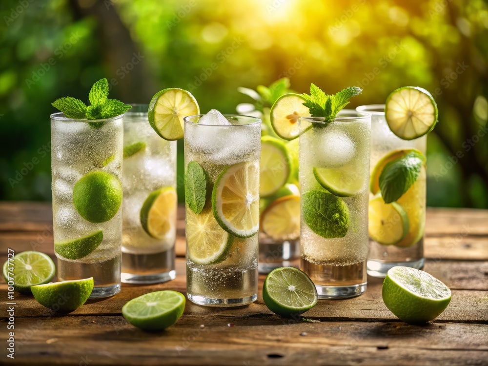 A group of six cold beverages with condensation and fresh lime wedges, arranged on a rustic wooden table A group of six cold beverages with condensation and fresh lime wedges, arranged on a rustic wooden table