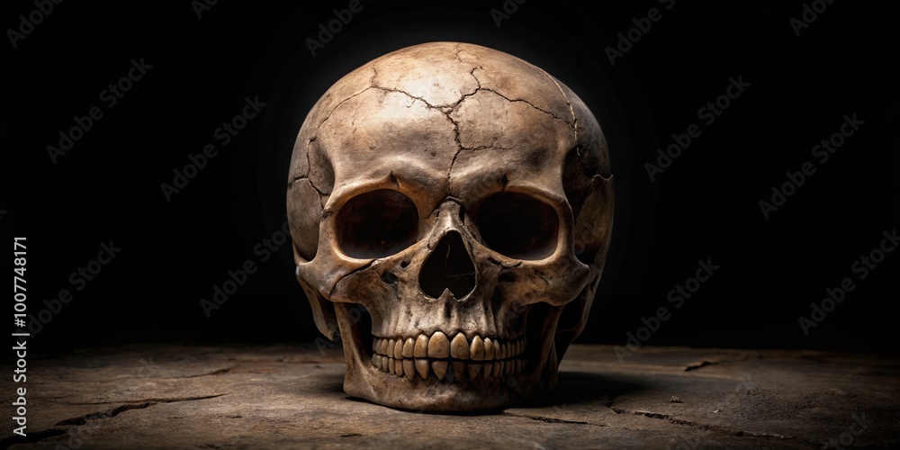 A haunting, weathered human skull with a dramatic crack running down the center, isolated on a dark background, A haunting, weathered human skull with a dramatic crack running down the center, isolated on a dark background,
