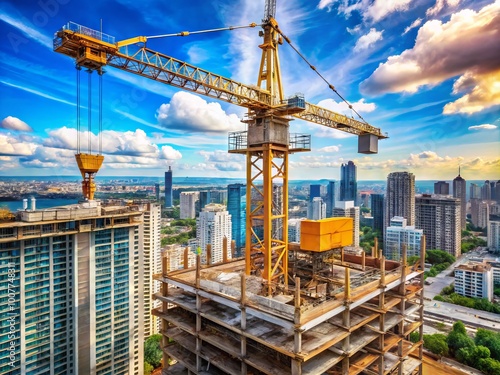 A heavy-duty crane tower rises high above a bustling city construction site, its lattice boom and pulleys poised photo