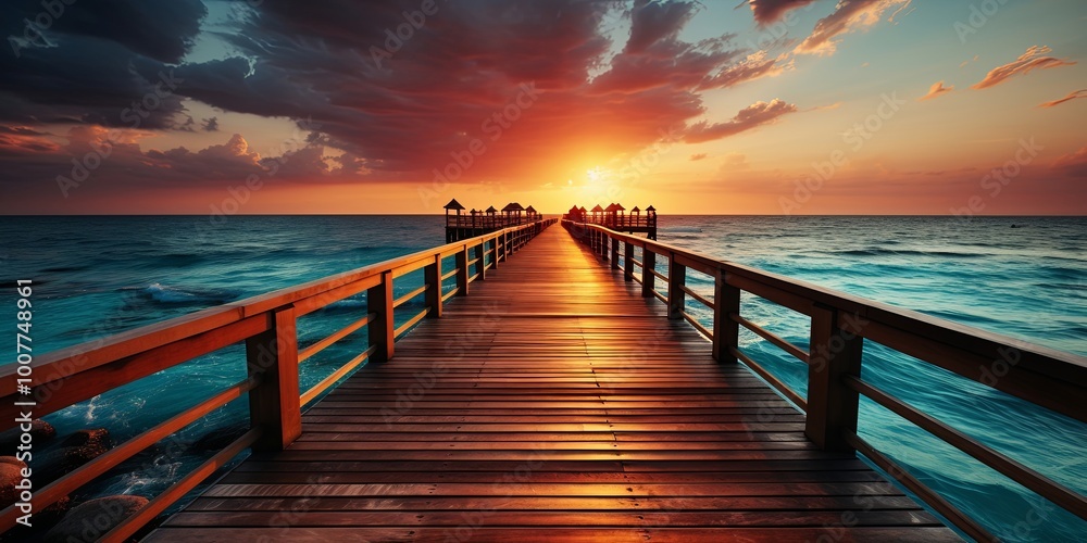 Obraz premium A wooden pier extends towards a fiery sunset over a tranquil sea, creating a path towards the horizon