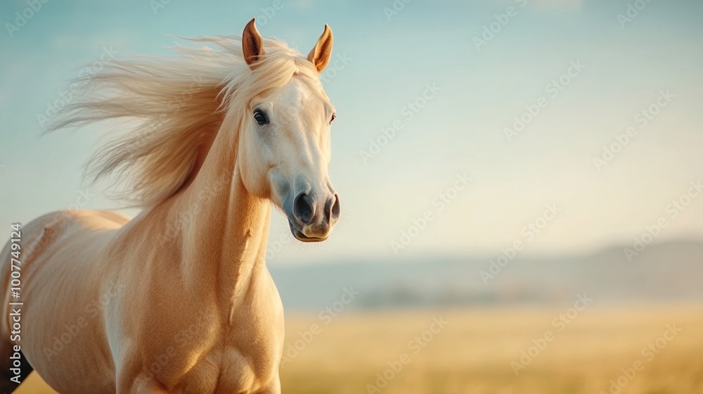 Elegant white horse galloping across a sunlit meadow. Elegant white horse galloping across a sunlit meadow.