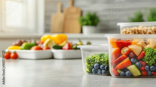 A clean kitchen scene with meal prep containers filled with healthy, balanced foods for fitness and nutrition photo