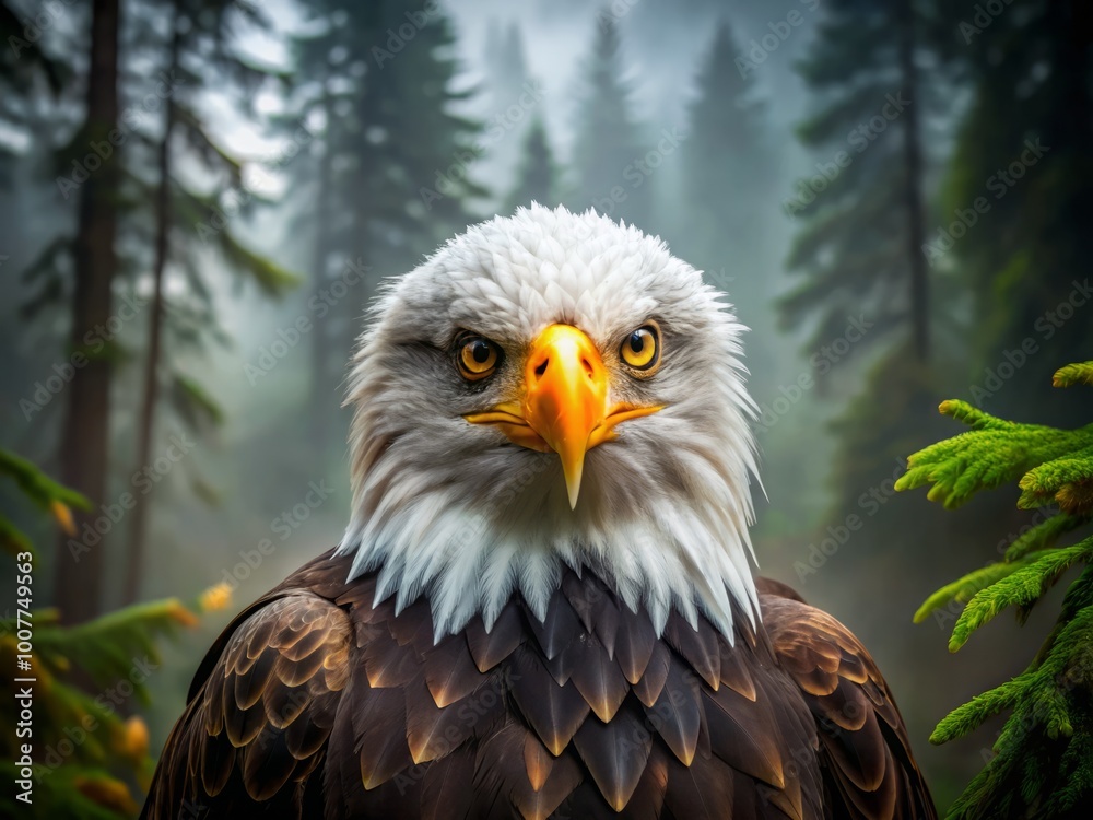 Obraz premium A majestic bald eagle's piercing gaze captures attention, its sharp, golden eyes gleaming with intensity, set amidst a
