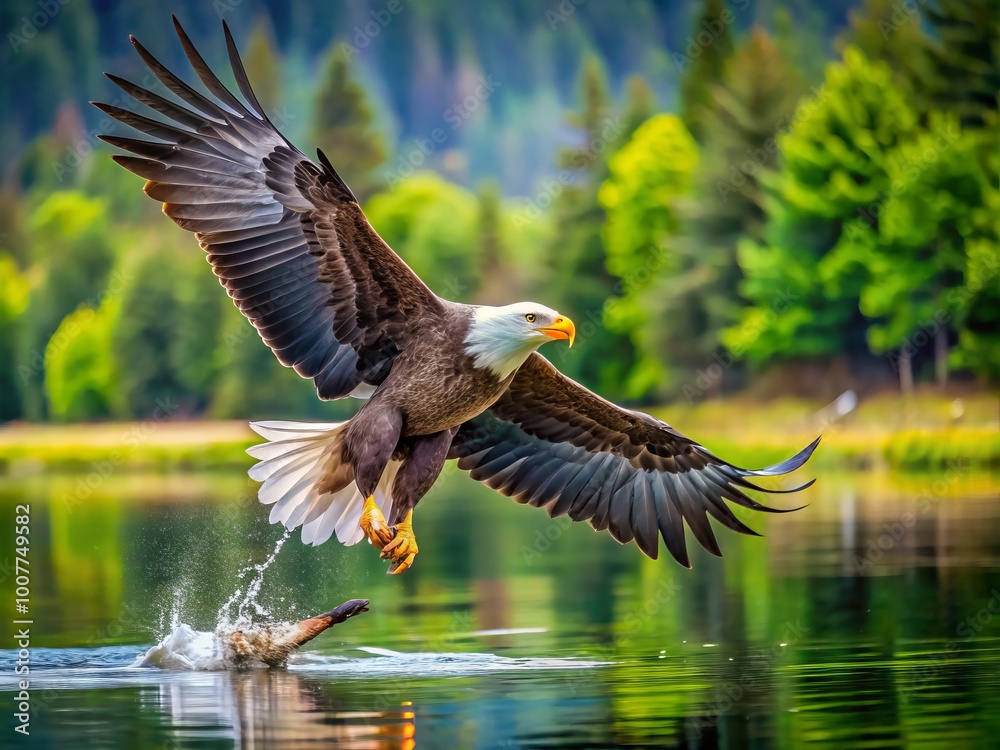Obraz premium A majestic bald eagle swoops down to grasp a struggling fish in its talons, wings spread wide, over