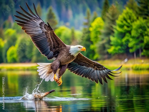 A majestic bald eagle swoops down to grasp a struggling fish in its talons, wings spread wide, over