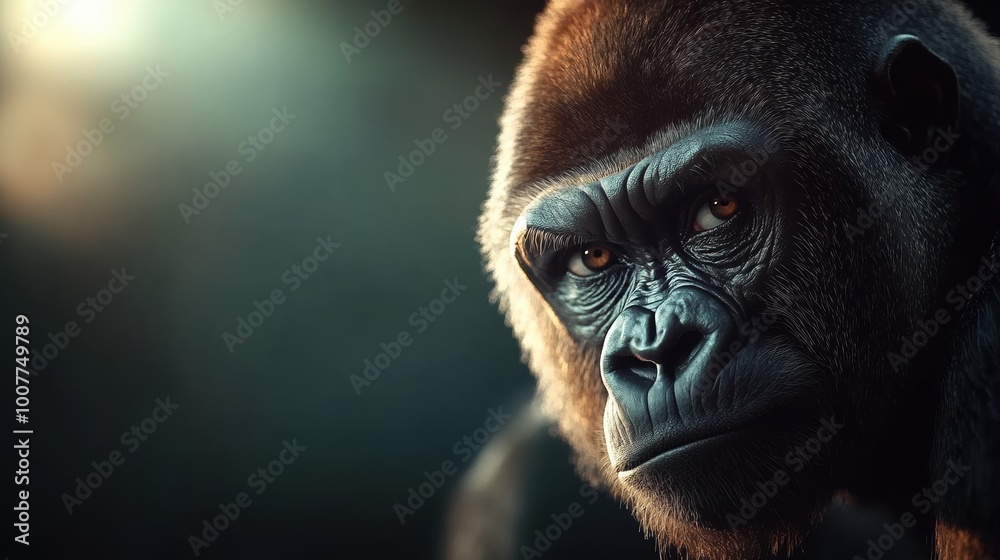 Obraz premium Gorilla portrait, captivating gaze, soft focus background, dramatic lighting.