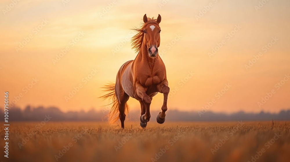 Horse running gracefully in a sunlit field during golden hour. Horse running gracefully in a sunlit field during golden hour.
