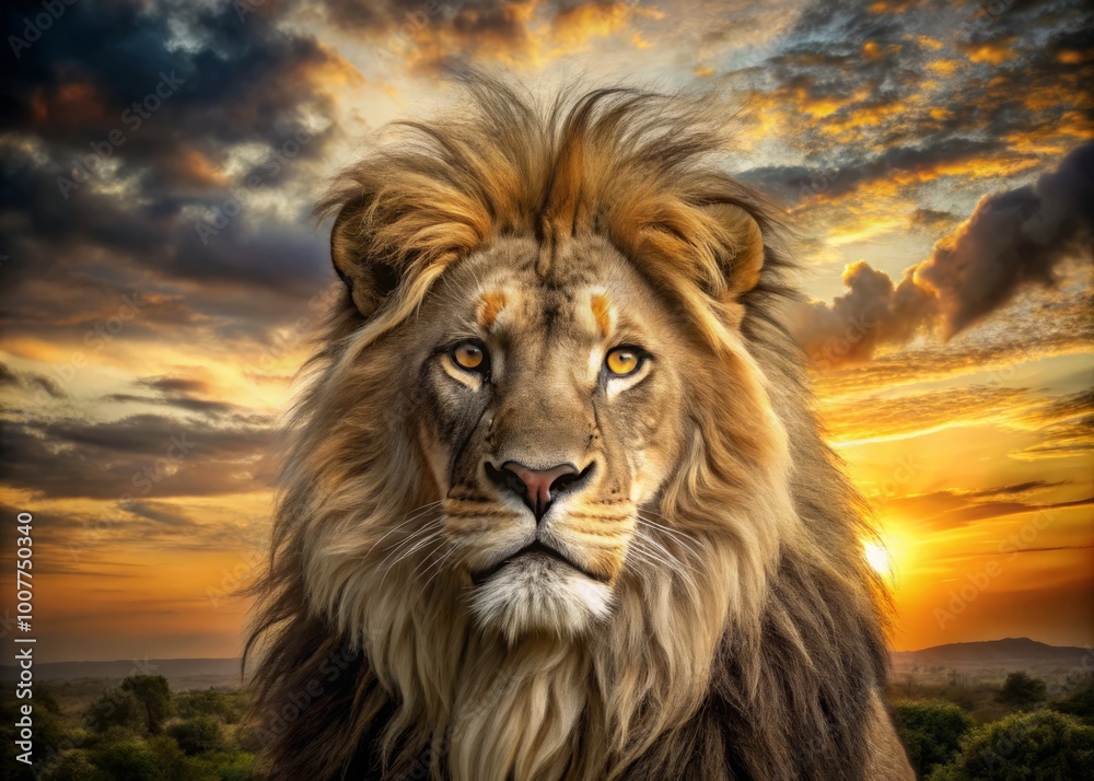 A majestic lion's piercing golden eye gazes intensely into the distance, surrounded by a thick mane and a A majestic lion's piercing golden eye gazes intensely into the distance, surrounded by a thick mane and a