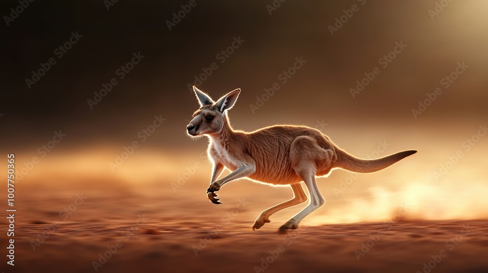 Fototapeta premium Kangaroo hopping across a sandy landscape, dynamic movement, beautiful lighting.