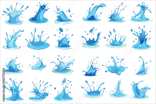 Set of water splash effects,  Abstract water splash, Blue water splashes vector illustration, Blue water splash and drops isolated on transparent background