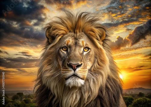 A majestic lion's piercing golden eye gazes intensely into the distance, surrounded by a thick mane and a