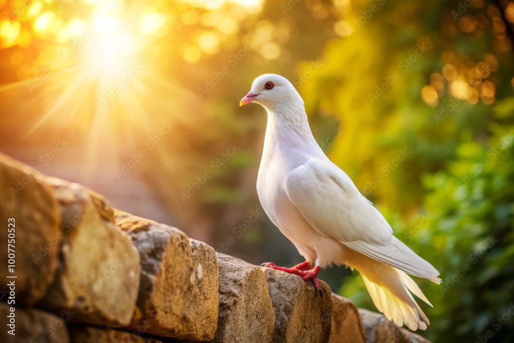 A majestic white dove perches on a weathered stone wall, its soft feathers glowing in the warm sunlight, A majestic white dove perches on a weathered stone wall, its soft feathers glowing in the warm sunlight,