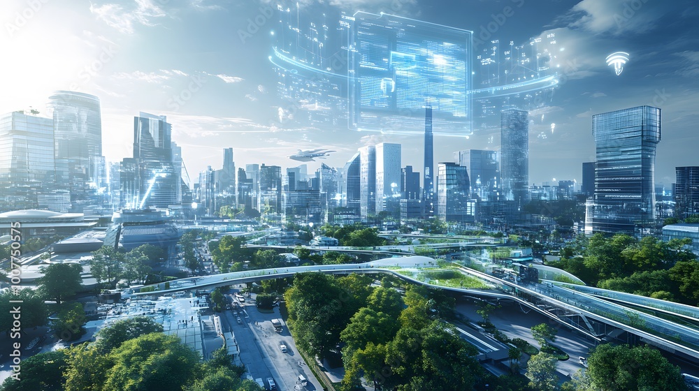 Fototapeta premium AI-driven Sustainability Solutions: A vibrant urban setting enhanced by AI-driven sustainability, with intelligent systems optimizing water, energy, and waste management. Above the city, holographic s