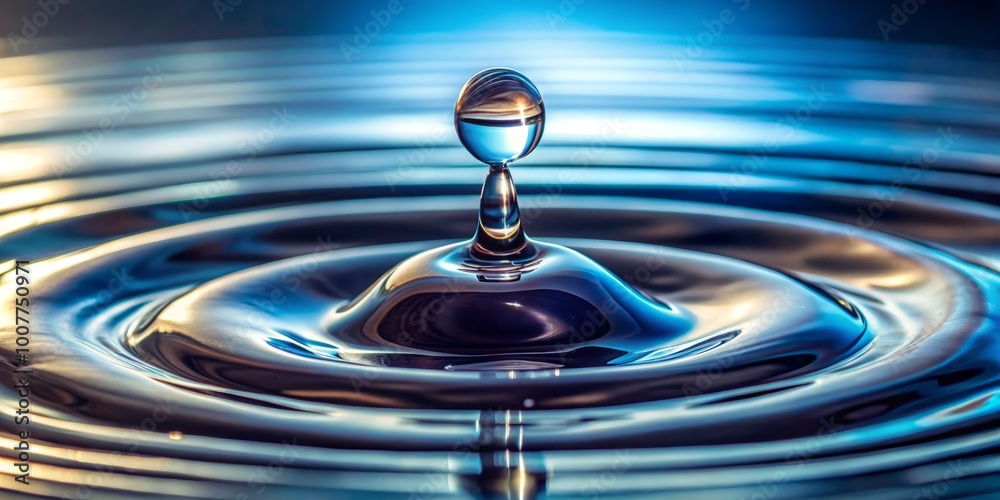 A mesmerizing close-up of a single droplet of water suspended from a faucet, casting a subtle ripple effect A mesmerizing close-up of a single droplet of water suspended from a faucet, casting a subtle ripple effect