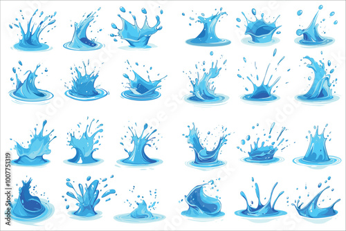 Set of water splash effects,  Abstract water splash, Blue water splashes vector illustration, Blue water splash and drops isolated on transparent background