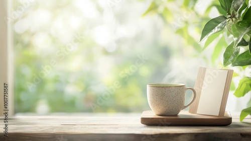 A mindful morning routine setup, featuring a cup of matcha, an open window with a view of nature, and a simple mantra card, promoting a balanced and intentional lifestyle