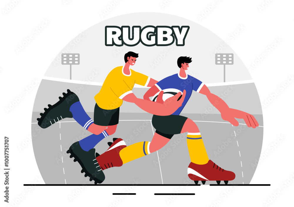 Fototapeta premium Rugby Player Running and Catching the Ball Vector Illustration in a Championship Sport or Tournament in a Stadium with a Flat Style Cartoon Background