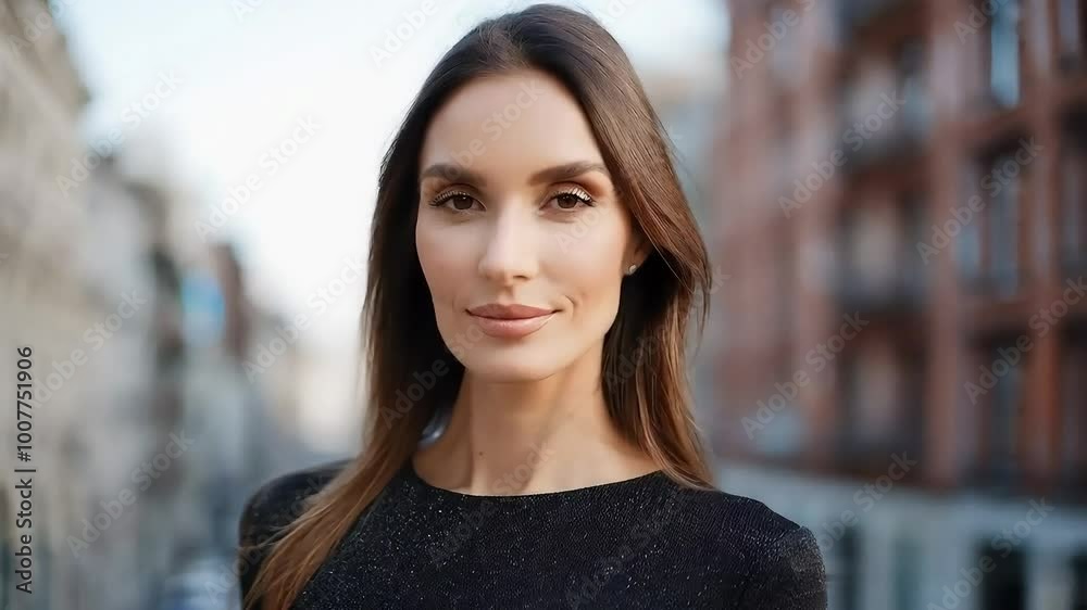 Slow Motion Portrait of a Beautiful Woman Looking at the Camera with Urban Background Slow Motion Portrait of a Beautiful Woman Looking at the Camera with Urban Background
