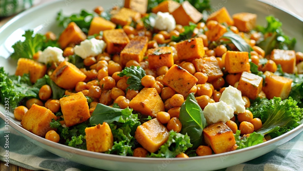 Roasted Sweet Potato Chickpea Salad. A colorful roasted sweet potato and chickpea salad with kale and feta, a healthy and flavorful vegetarian dish packed with nutrients and fresh ingredients.