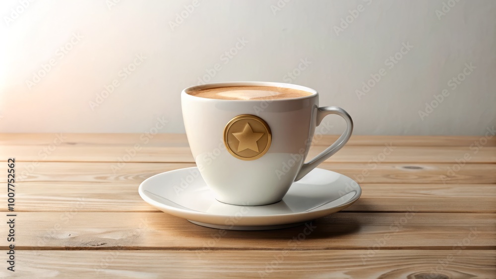 A modern, minimalist coffee cup with a stylized, golden badge logo on its side, sitting on a clean A modern, minimalist coffee cup with a stylized, golden badge logo on its side, sitting on a clean
