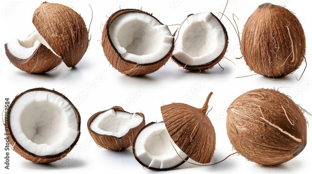 Whole and Halved Coconuts on White Background