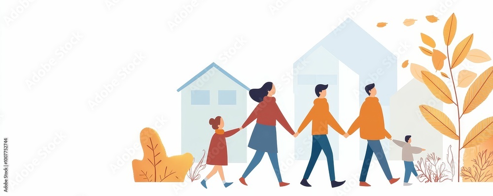 A family walking together in a neighborhood, enjoying the fresh air, promoting daily physical activity as a simple and effective preventive health measure