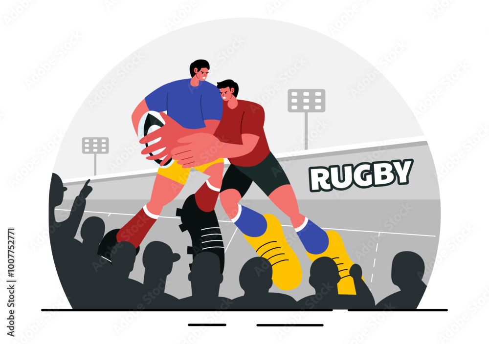 Fototapeta premium Rugby Player Running and Catching the Ball Vector Illustration in a Championship Sport or Tournament in a Stadium with a Flat Style Cartoon Background