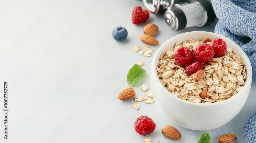 A healthy breakfast of organic oats, nuts, and berries, placed alongside fitness gear, promoting natural energy and fitness A healthy breakfast of organic oats, nuts, and berries, placed alongside fitness gear, promoting natural energy and fitness