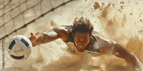 a man dives for a ball in the sand