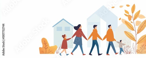 Obraz na płótnie A family walking together in a neighborhood, enjoying the fresh air, promoting daily physical activity as a simple and effective preventive health measure w salonie