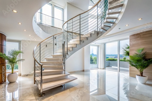 A modern spiral staircase with stainless steel railing and white marble steps ascending to a bright, minimalist photo