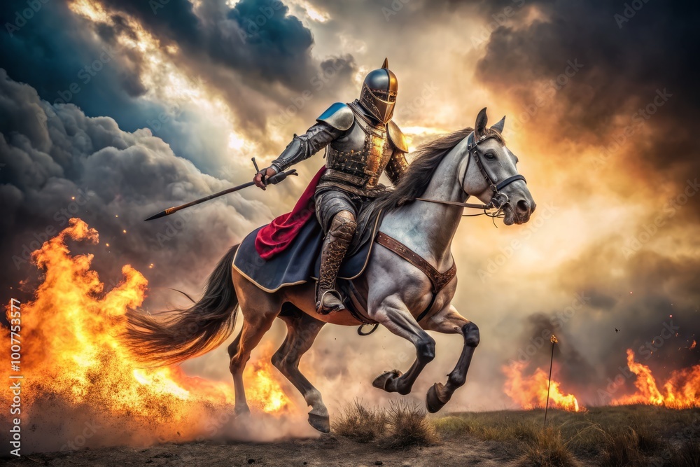 Ancient armor-clad knight on horseback gallops triumphantly through a smoky, fiery landscape, symbolizing victory and Ancient armor-clad knight on horseback gallops triumphantly through a smoky, fiery landscape, symbolizing victory and