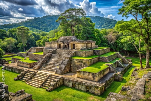 Ancient Mayan ruins of Copán, Honduras, surrounded by lush jungle foliage, with intricate stone carvings and mysterious