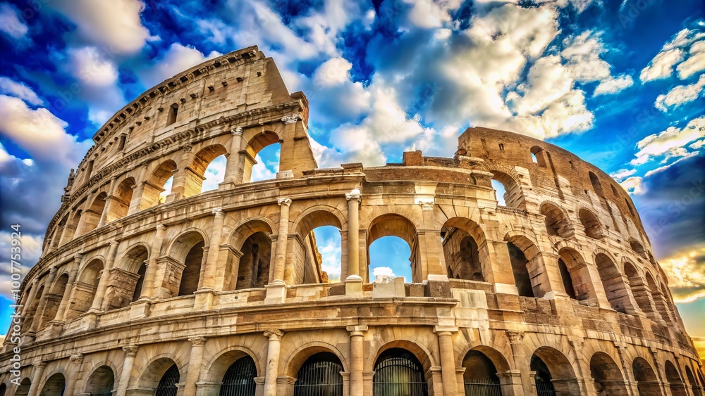 Obraz premium Ancient Roman amphitheater's majestic arches and weathered stone façade stand proud under a bright blue sky with wispy