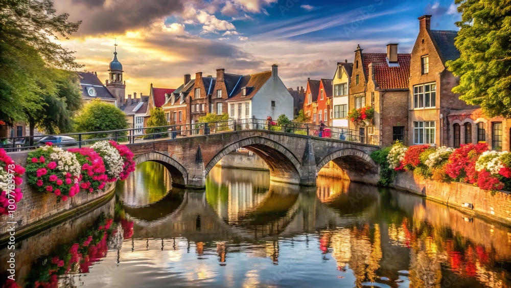 Naklejka premium Ancient stone bridges span tranquil rivers, lined with ornate buildings, picturesque canals, and vibrant flower