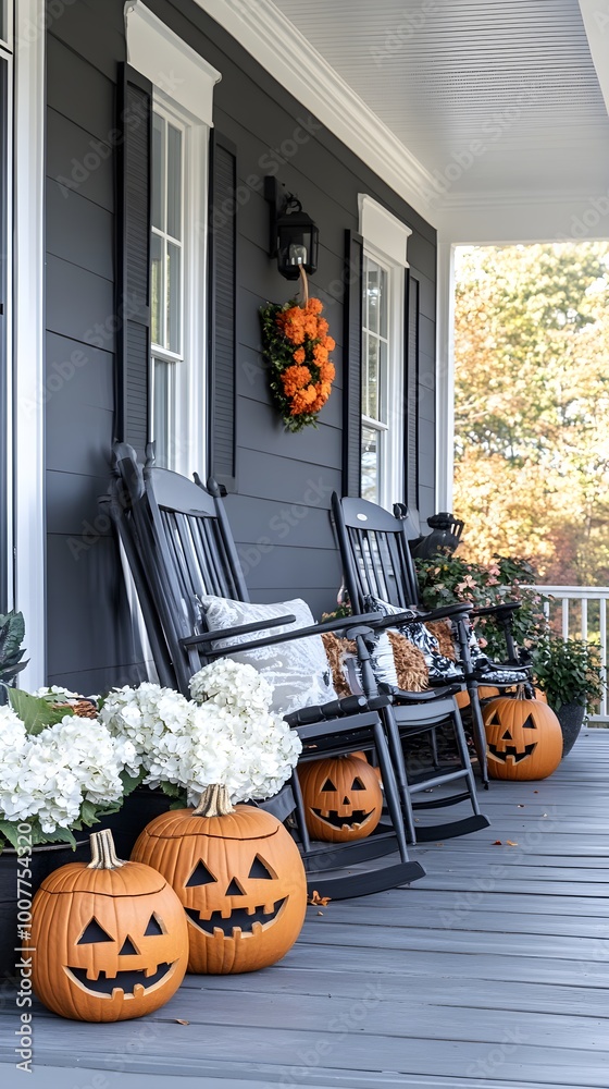 Obraz premium Halloween pumpkins jack o' lanterns, flowers and chairs on front porch, exterior home decor, seasonal decorations, gray and white