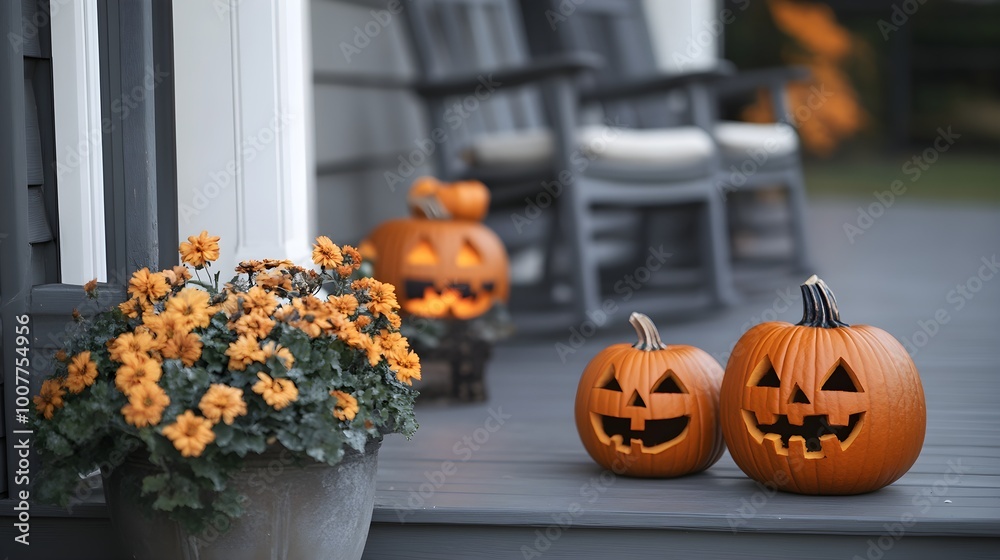 Obraz premium Halloween pumpkins jack o' lanterns, flowers and chairs on front porch, exterior home decor, seasonal decorations, gray and white