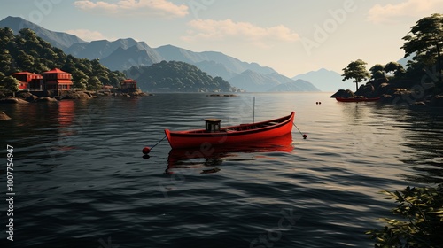 A solitary red boat floats on the still water of a lake, nestled amidst a serene mountain landscape, where the sun casts a gentle glow on the surrounding greenery