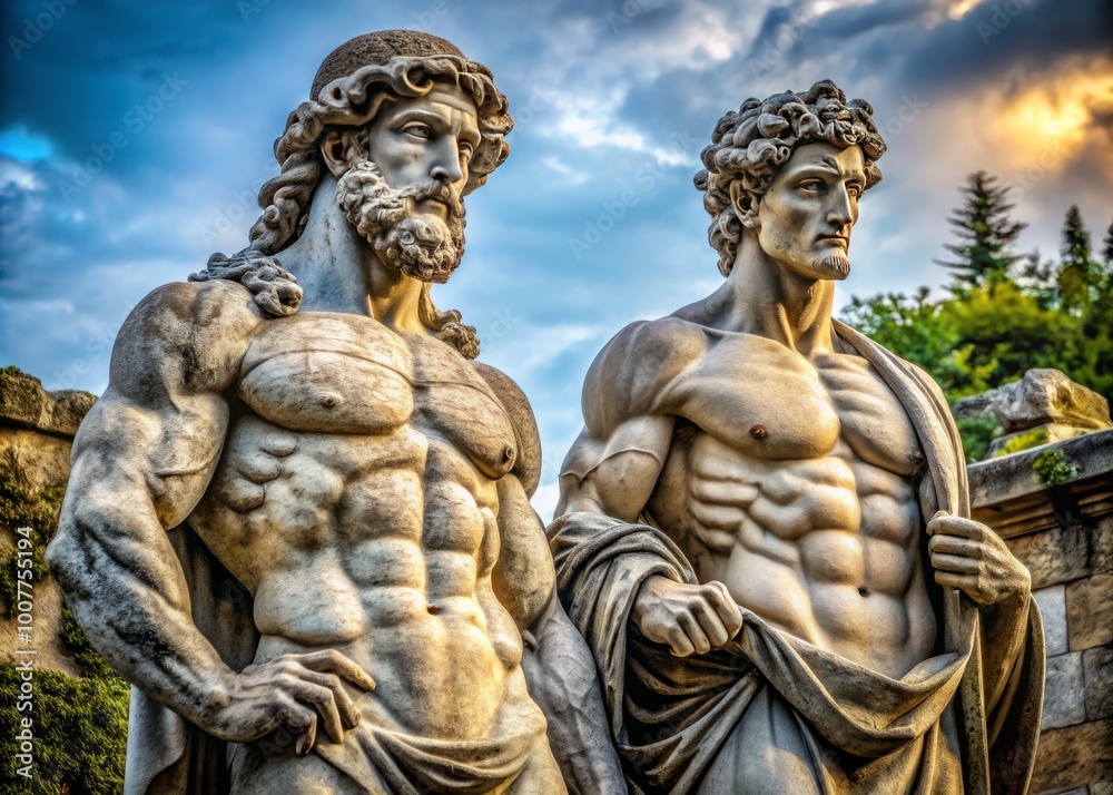 A pair of contrasting stone statues, one robust and powerful, the other fragile and crumbling, symbolizing the eternal A pair of contrasting stone statues, one robust and powerful, the other fragile and crumbling, symbolizing the eternal