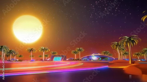 Stylized Vintage 3D Animation: Palm Trees, Sun, and Glowing Stars � 80s Retro Sci-Fi Loop