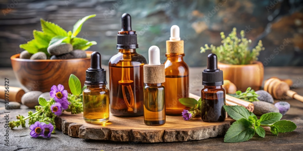 Aromatic bottles of various natural essential oils with wooden droppers and rustic stone background, ideal for Aromatic bottles of various natural essential oils with wooden droppers and rustic stone background, ideal for