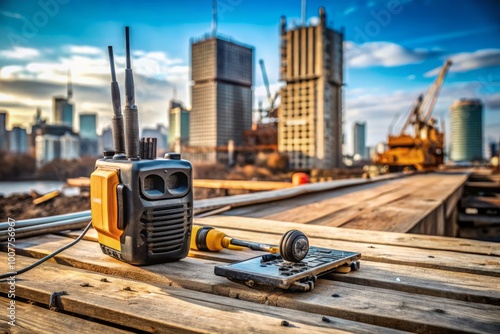 A rugged, portable radio lies on a weathered wooden plank amidst scattered construction tools and building materials, photo