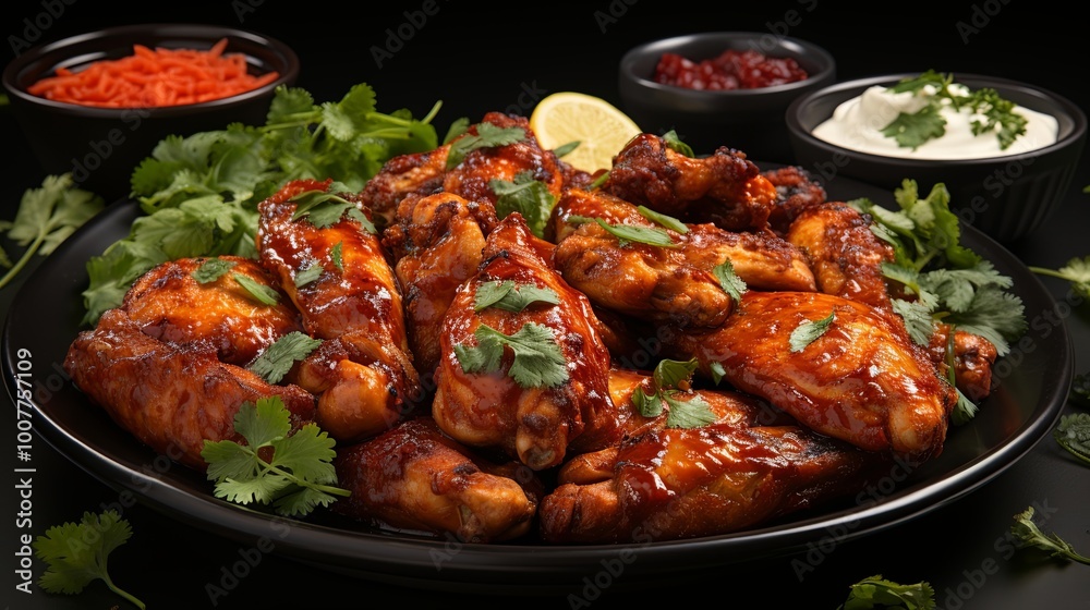 Fototapeta premium A heaping plate of sweet and savory chicken wings, glazed in a rich sauce and garnished with fresh herbs, ready to be devoured.