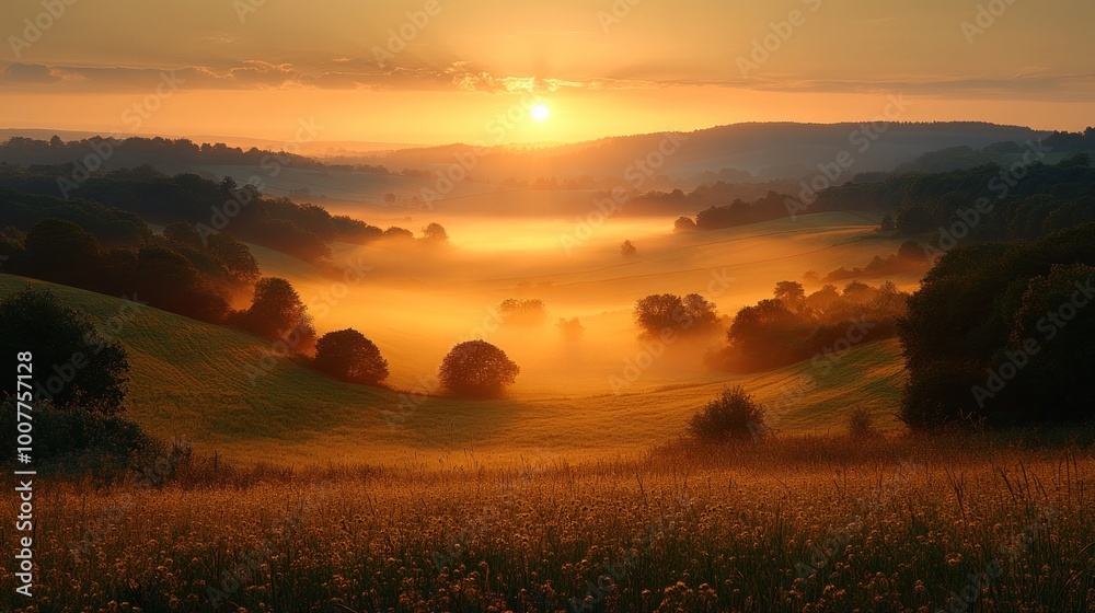 Fototapeta premium Serene sunrise over misty hills and valleys.