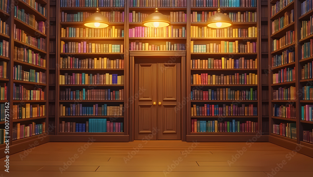 Cartoon-style library with colorful bookshelves and warm lighting Cartoon-style library with colorful bookshelves and warm lighting