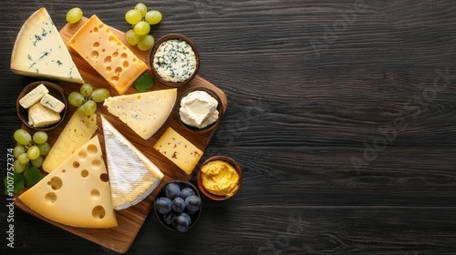 Overhead shot of a cheese board with a selection of cheeses grapes and small dishes of spreads on a wooden surface