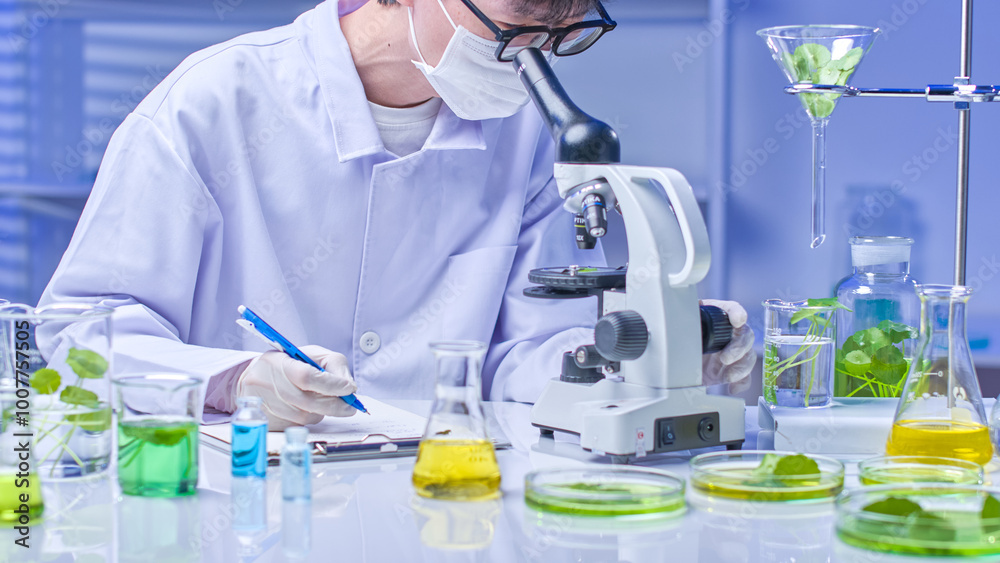 Fototapeta premium A scientist meticulously examines a centella sample under a microscope, carefully taking notes on a clipboard. Surrounding the microscope are various laboratory equipment and specimens in modern lab.