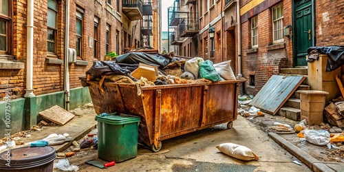 A rusty, overflowing dumpster sits amidst a littered, neglected alleyway, surrounded by torn trash bags, broken photo