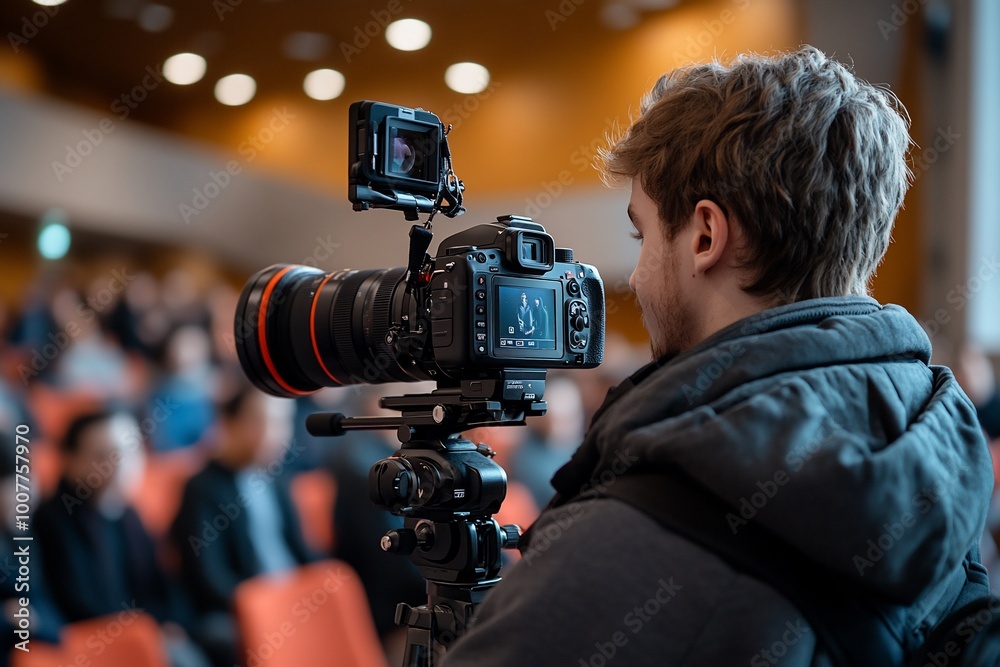 A videographer films a conference audience. A videographer films a conference audience.