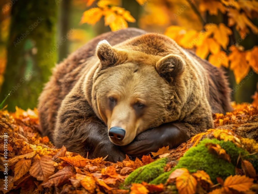Obraz premium A serene brown bear curls up in a snug ball, surrounded by autumn foliage, in a tranquil winter